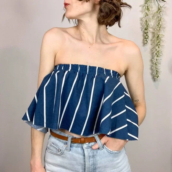NWT FAITHFULL Suns Out Top linen strapless frayed cropped navy white striped - Picture 6 of 15